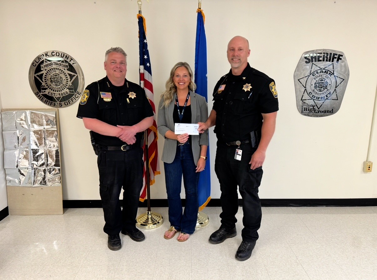 Photo ID:  (l to r): Clark County Sheriff Kerry Kim, Deenah King, Community Health Improvement Specialist, Aspirus Health, Clark County Chief Deputy James Hirsch.